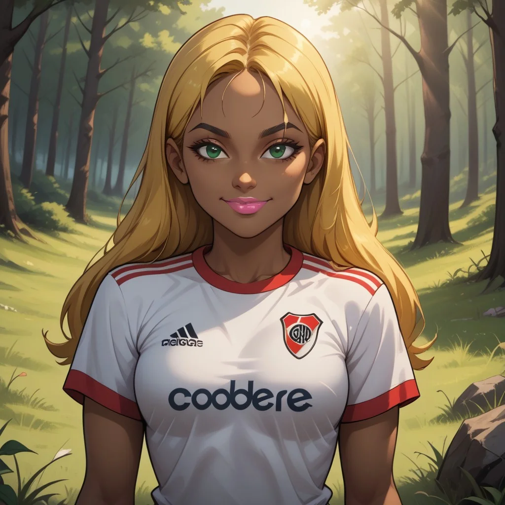 score_9, score_8, BREAK, solo, total drama, 1girl, blonde hair, long hair, (((dark skin, dark skin female))), green eyes, pink lips, lipstick, RiverPlate, striped shirt, striped, shirt, white shirt, short sleeves, clothes writing, sportswear, soccer uniform, black eyebrows, Dakota_(Total_Drama), tdroti, cute, breasts, sexy pose, self portrait, smile, looking at viewer, outdoors, sunlight, shadows, evening lighting, natural lighting, forest, trees, grass, orange sky, sunset