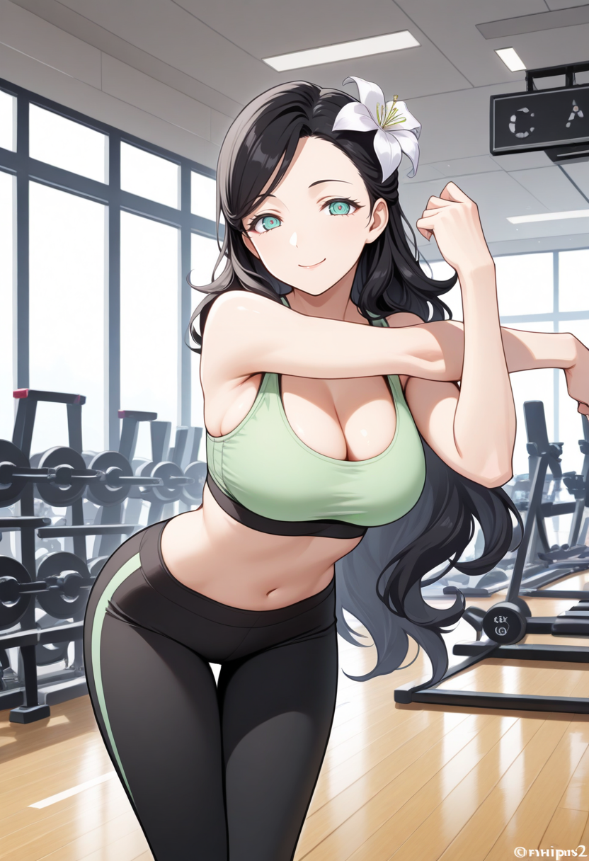 masterpiece, best quality, 1girl, solo, looking at viewer, cowboy shot, smile, gym, stretching, leaning forward
green sports bra, black yoga pants
 <lora:zs_NagiPQ2ILLU:1> nagipq2, very long hair, black hair, green eyes, hair flower, mature female