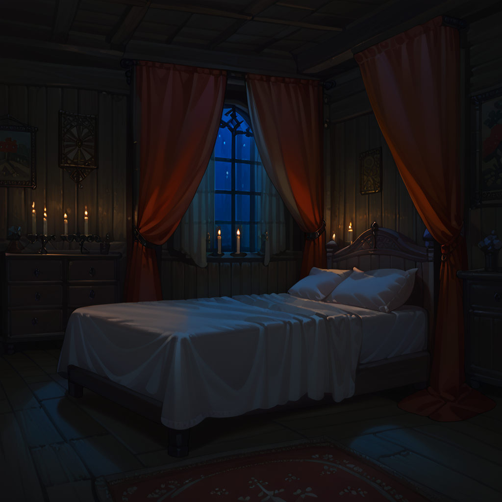 score_9, score_8_up, score_7_up,source_anime, <lora:Medieval_brothel:1> medieval_brothel, (dim light:1.4), bedroom, canopy bed, wooden floor, wooden wall, candle, night, red curtains, carpet, window,