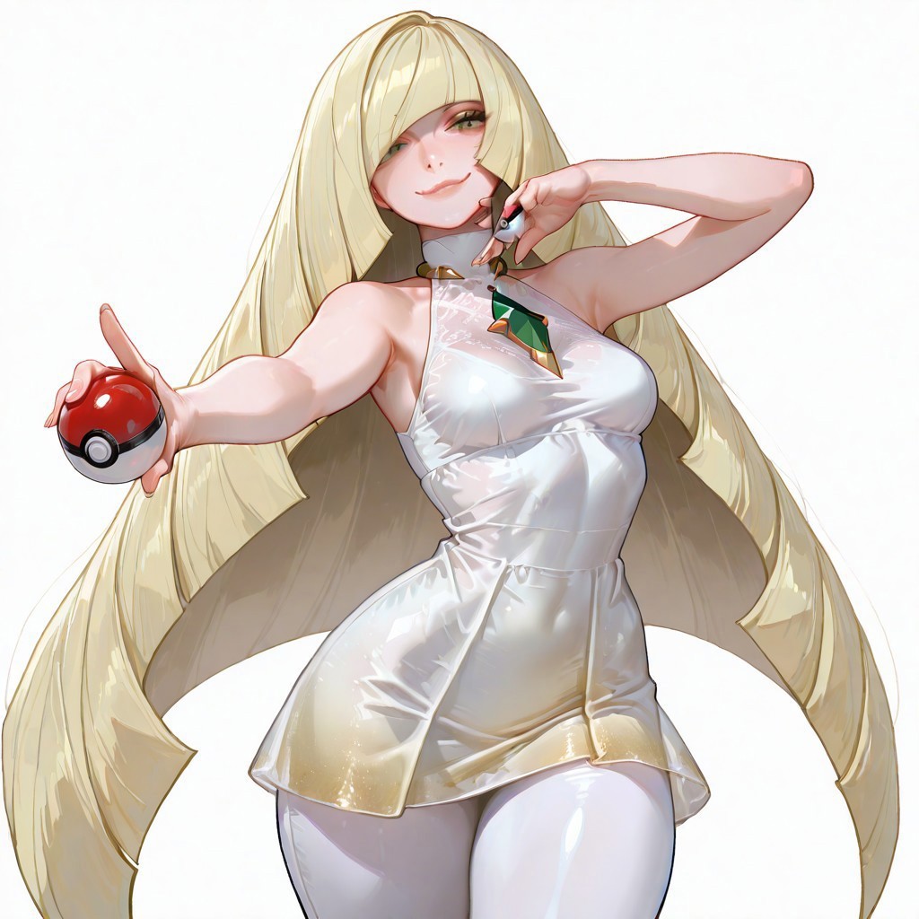 masterpiece,best quality,amazing quality, absurdres, volumetric lighting, chromatic aberration, 4k, intricate details,
1girl, solo, slender body, (small breasts), lusamine (pokemon) green eyes, detailed eyes, blonde hair, very long hair, hair covering one eye, detailed lips, glossy lips, soft lips, white dress, sleeveless dress, gradient dress, large breasts, jewelry, gem, necklace, wide hips, thick thighs, white leggings, two-tone leggings, high heels, white footwear, looking at viewer, standing, cowboy shot, holding a pokeball, cool pose, sexy pose, cute smile, dynamic pose, plain white background, celshaded cannedmos, 69yottea_style_illu, 7481llu, lineart,