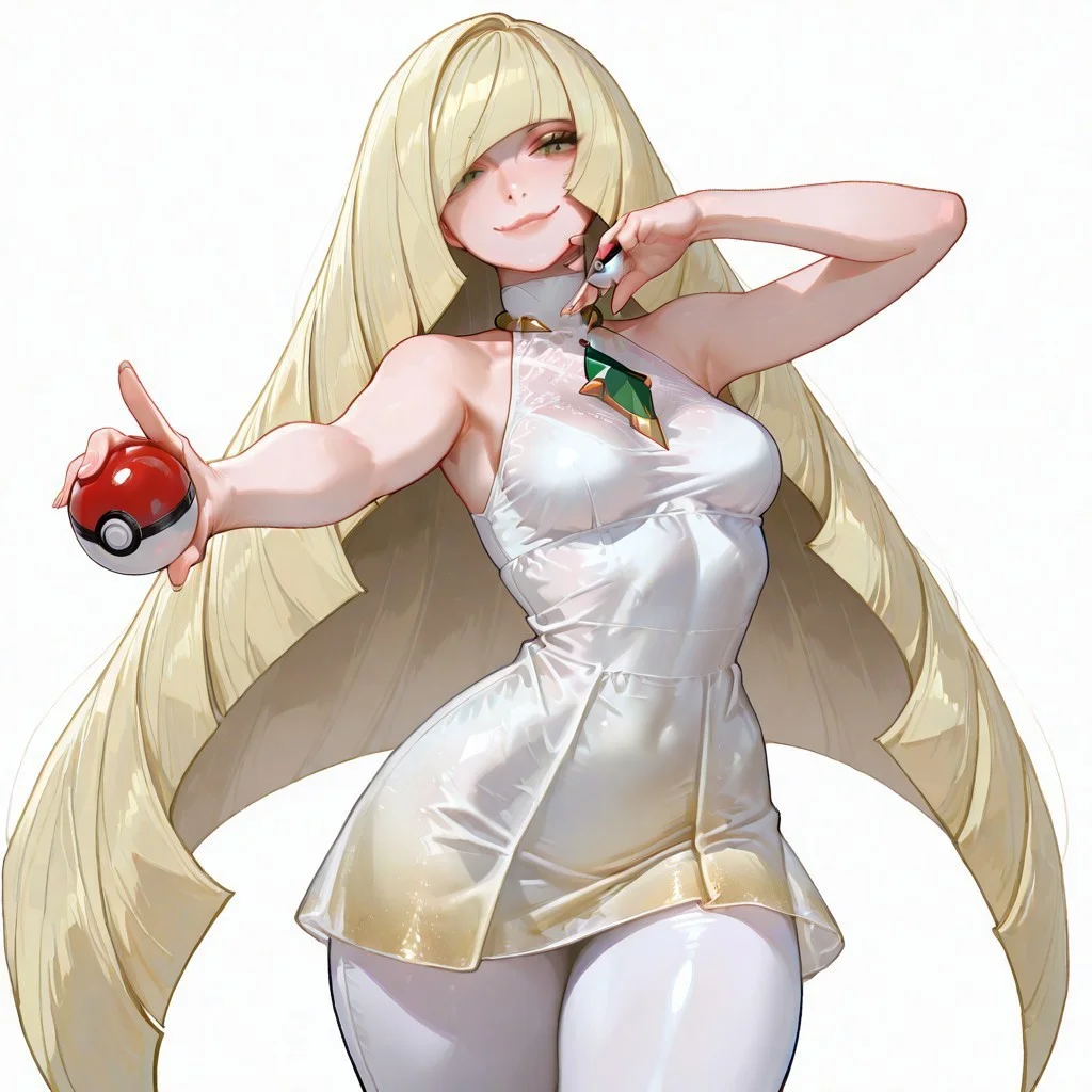 masterpiece,best quality,amazing quality, absurdres, volumetric lighting, chromatic aberration, 4k, intricate details,
1girl, solo, slender body, (small breasts), lusamine (pokemon) green eyes, detailed eyes, blonde hair, very long hair, hair covering one eye, detailed lips, glossy lips, soft lips, white dress, sleeveless dress, gradient dress, large breasts, jewelry, gem, necklace, wide hips, thick thighs, white leggings, two-tone leggings, high heels, white footwear, looking at viewer, standing, cowboy shot, holding a pokeball, cool pose, sexy pose, cute smile, dynamic pose, plain white background, celshaded cannedmos, 69yottea_style_illu, 7481llu, lineart,