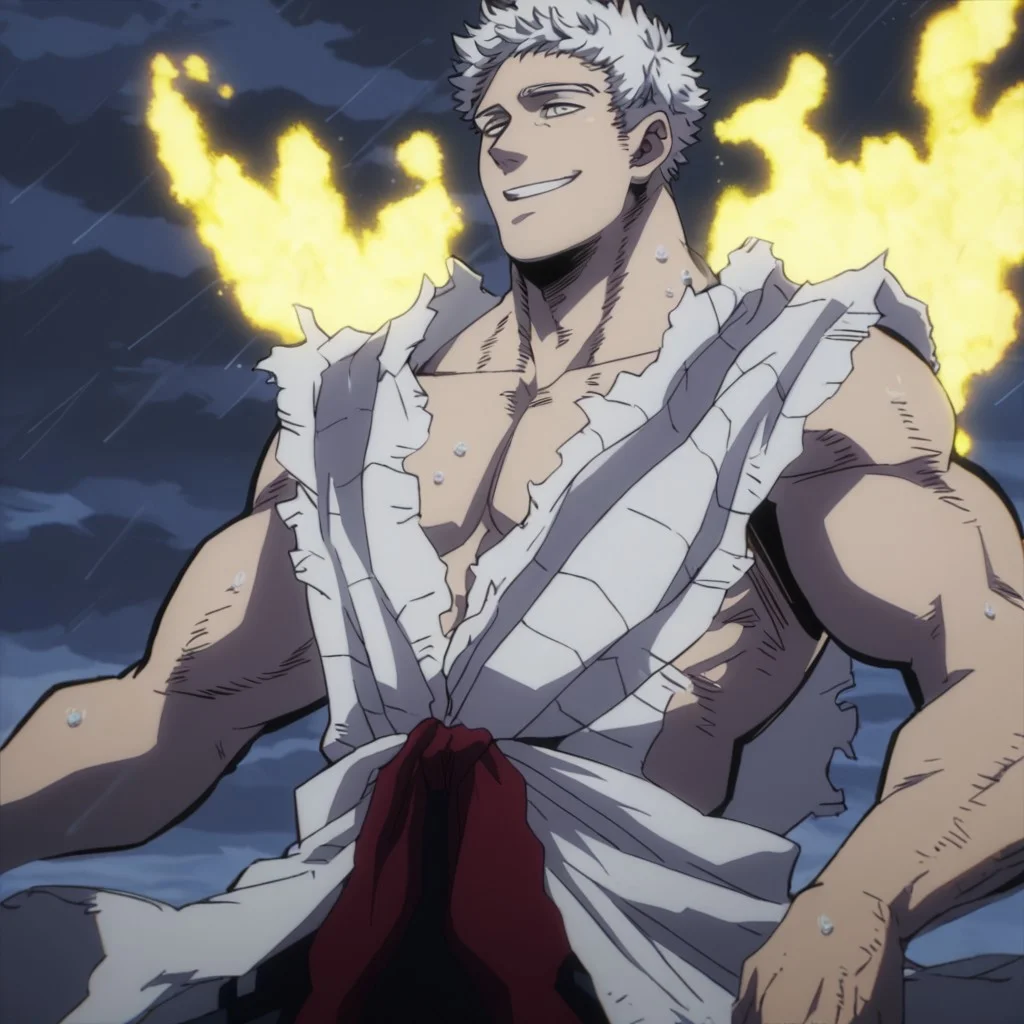 solo, torn clothes, anime, male, short white hair, floating, raining, dark clouds, wet, barefoot, pectorals, grey eyes, yellow glow, yellow aura, yellow fire on body, smile, smoothanime, easynegative, ng_deepnegative_v1_75t, score_9, score_8_up, score_7_up, score_6_up, score_5_up, score_4_up, source_anime, old man, older male, old, older, aged, older male, old facial features, weathered, bara,