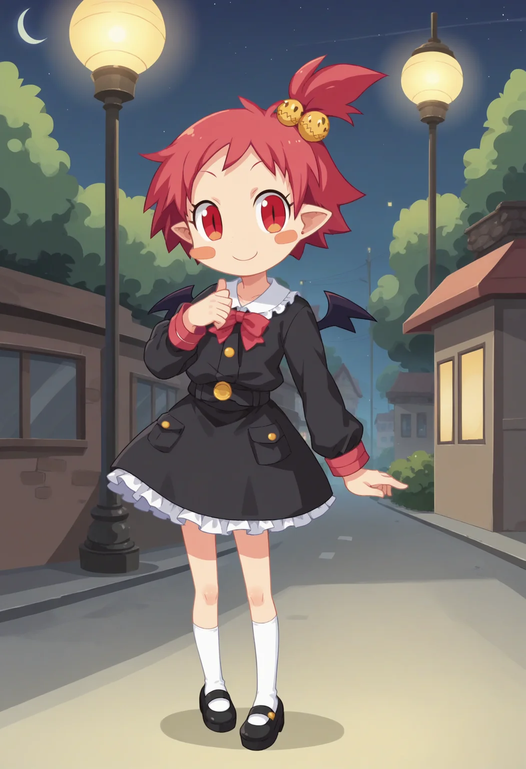 score_9, score_8_up, score_7_up, score_6_up, score_5_up, score_4_up , anime coloring ,BREAK source_anime, anime,screencap,
1girl, solo,dishanako, blush stickers,  demon girl, demon wings, yellow hair bobbles, <lora:PonyXL Disgaea Hanako V2:1>
black dress, frilled dress, long sleeves, white socks, mary janes, 
outdoors, night time, half moon, streets, street lights, full body
smile, looking at viewer,