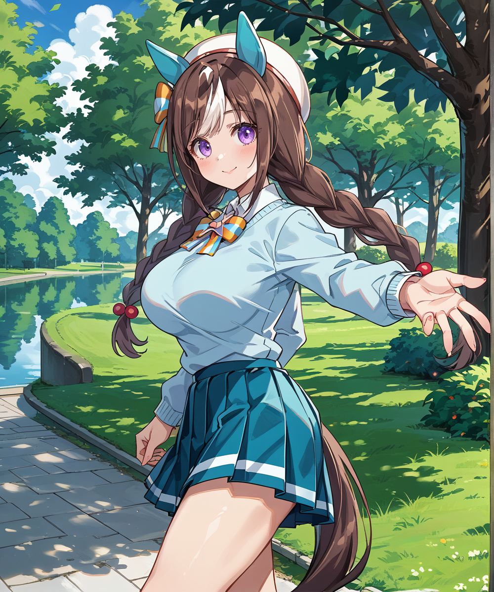 score_9,score_8_up,score_7_up,2D animation style,source_anime,anime screencap,rating_explicit,best quality,masterpiece,Japanese Anime Style,(solo),(1girl),smile,looking at viewer,<lora:uma_hokko_tarumae_ponyxl>,hokko tarumae (umamusume),brown hair,two-tone hair,horse girl,horse ears,ear cover,horse tail,white headwear,hair bow,striped bow,large breasts,thick thighs,white shirt,blue sweater,ribbon,long sleeves,pleated skirt,blue skirt,white socks,shoes,blue footwear,sneakers,walking,neck ribbon,side view,reaching at viewer,park,lake,(close mouth),