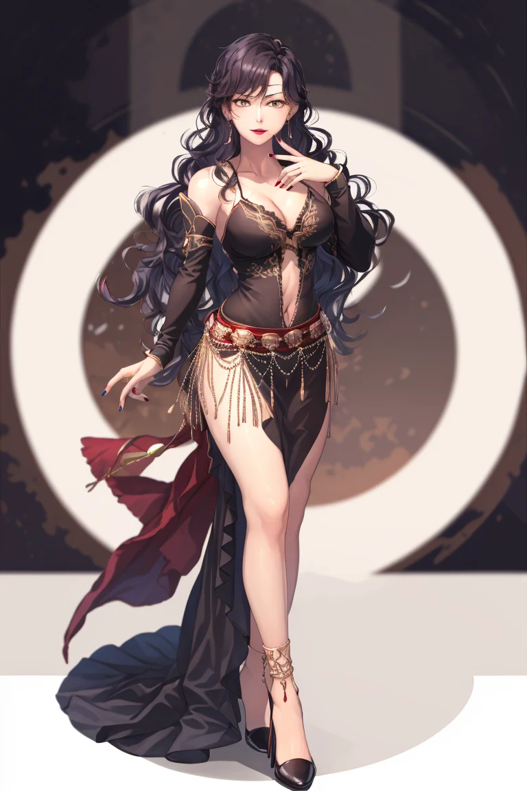 <lora:Sonia_FE-10:0.8> sonia fe, 1girl, solo, long hair, dress, navel, cleavage, bare shoulders, jewelry, full body, earrings, detached sleeves, nail polish, black footwear, black dress, high heels, makeup, wavy hair, lipstick, side slit