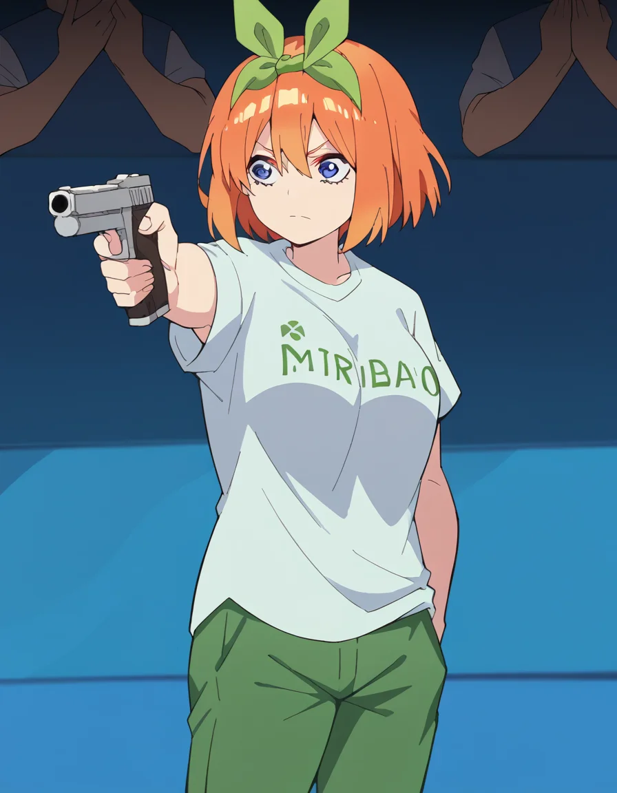 score_9, score_8_up, score_7_up, source_anime, <lora:yotsuba-nakano-s2-ponyxl-lora-nochekaiser:1>, yotsuba nakano, bangs, short hair, blue eyes, hair between eyes, hair ribbon, hairband, orange hair, green ribbon, large breasts,, <lora:yusuf-dikec-ponyxl-lora-nochekaiser:1> yusuf dikec, yusuf dikec (meme), meme, hand in pocket, handgun, holding gun, gun, shirt, t-shirt, pants, audience,, , cowboy shot,