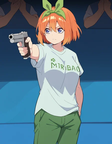 score_9, score_8_up, score_7_up, source_anime, <lora:yotsuba-nakano-s2-ponyxl-lora-nochekaiser:1>, yotsuba nakano, bangs, short hair, blue eyes, hair between eyes, hair ribbon, hairband, orange hair, green ribbon, large breasts,, <lora:yusuf-dikec-ponyxl-lora-nochekaiser:1> yusuf dikec, yusuf dikec (meme), meme, hand in pocket, handgun, holding gun, gun, shirt, t-shirt, pants, audience,, , cowboy shot,