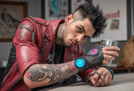 from front, from side from above, anime comic style render, stressed((Cyborg man): Metallic left arm and eye, synthetic skin, spiky black hair, crim streaks, tribal tattoos, leather jacket, chains and studs, helpful,:1.21) in posing dynamic position, smooth skin, (prominent coffee mug:1.12),
Cheeky wink, Partially open shirt, Exposing cleavage,
(pui:0.01) steaming mug of coffee, oversized and centered, hand grasping handle, detailed fingers wrapped,
lip biting expression, comic art style, steam rising, big sculpted 3d sculpture mug, creamy milk, wacky colors (epic:1.14, )(RAW:0.66),subsurface tering,high definition,masterpiece, absurdres, <lora:LCMTurboMix_Euler_A_fix.safetensors:0.96:0.3> <lora:sdxl\pony-realism-22-nsfw-photo.safetensors:0.85:0.18> p15,s20