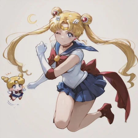masterpiece, best quality, very aesthetic, newest, absurdres, highres,arikuigames1105, chibi,white background,simple background,
tsukino usagi,1girl,solo,solo focus,blonde hair,blue eyes,double bun,hair bun,long hair,twintails,parted bangs,hair ornament,circlet,back bow,blue sailor collar,blue skirt,bow,brooch,choker,elbow gloves,gloves,jewelry,leotard,magical girl,pleated skirt,red bow,red choker,ribbon,sailor collar,sailor senshi uniform,skirt,white gloves,1 girl,full body,dynamic pose,magical girl,crescent moon,floating,wink