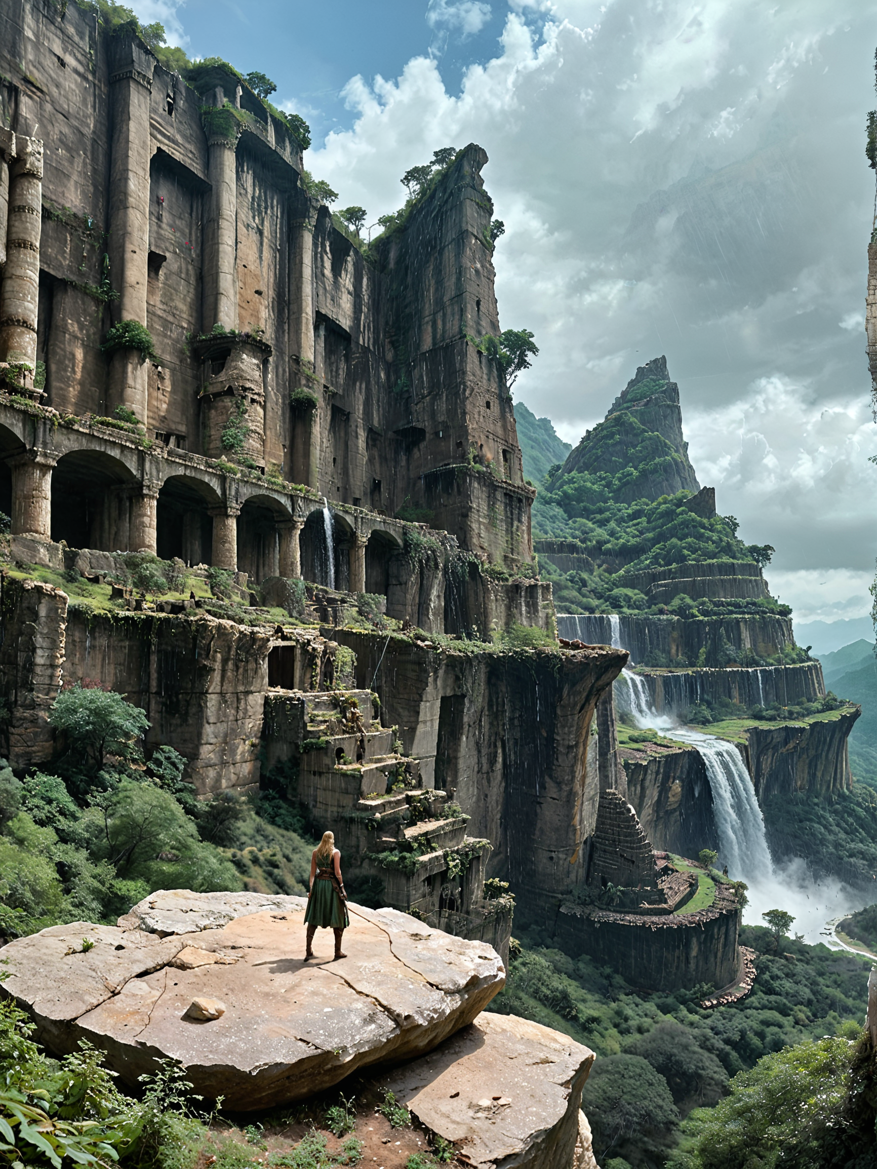 score_9, score_8_up, score_7_up, realistic, (1girl, (female elf warrior, worn and tattered armor)), standing on a rocky precipice overlooking a vast, sunlit alien landscape valley dotted with ancient ruins and dense forests. Distant waterfalls. Storm clouds gather, their deep grays contrasting with the vibrant emerald and gold tones of the alien landscape below, nmskyrim, 8k, photorealistic, photorealism, uhd, ultra-detailed