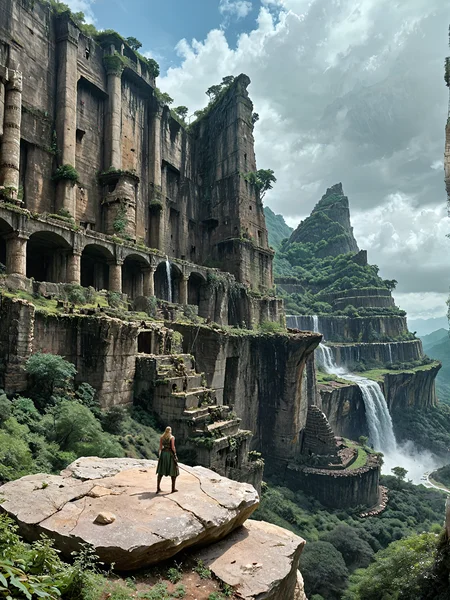 score_9, score_8_up, score_7_up, realistic, (1girl, (female elf warrior, worn and tattered armor)), standing on a rocky precipice overlooking a vast, sunlit alien landscape valley dotted with ancient ruins and dense forests. Distant waterfalls. Storm clouds gather, their deep grays contrasting with the vibrant emerald and gold tones of the alien landscape below, nmskyrim, 8k, photorealistic, photorealism, uhd, ultra-detailed