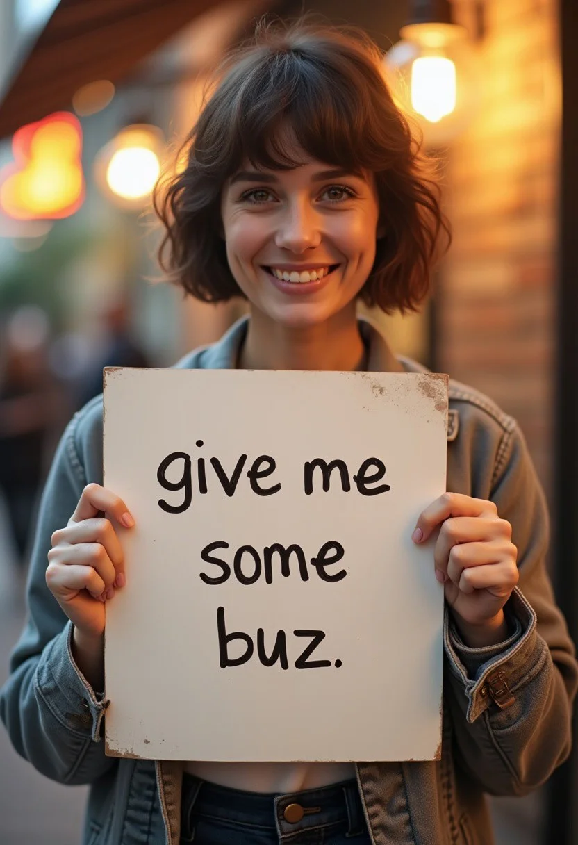 very cute short hair woman holding a sign "give me some buzz ",