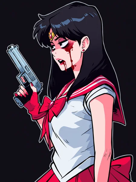 score_9, score_8_up, score_7_up, score_6_up, score_5_up, score_4_up, rating_safe
BREAK
sailor mars, circlet, black hair, black eyes, looking away, tired, half-closed eyes, bags under eyes, sigh, open mouth, looking down, blood on face, blood splatter,
BREAK
solo, portrait, magical girl, red serafuku, from side, (holding gun, handgun:1.2), blood on weapon,
BREAK
black background, <lora:Lunas-SwamiTsunami-SDXL-A1:1>