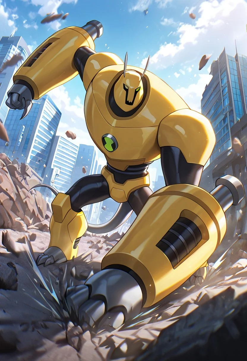 masterpiece, best quality, amazing quality, very aesthetic, absurdres, newest,, detailed background,
armadrillo, robot, claws, yellow armor, grey tail, antennae, green eyes, massive arms, yellow helmet, mecha
destroyed city, falling rocks, earthquake, daytime, punching ground,