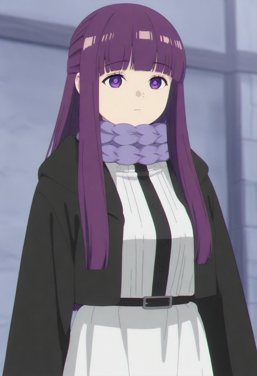 masterpiece, best quality, amazing quality,,, shiny skin,,,,,,, <lora:Fern:1> f3rn, fern (sousou no frieren), long hair, purple hair, blunt bangs, sidelocks, straight hair, purple eyes,, capelet, white capelet,white dress, black coat, purple scarf,