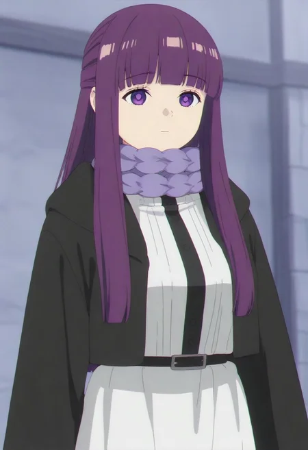 masterpiece, best quality, amazing quality,,, shiny skin,,,,,,, <lora:Fern:1> f3rn, fern (sousou no frieren), long hair, purple hair, blunt bangs, sidelocks, straight hair, purple eyes,, capelet, white capelet,white dress, black coat, purple scarf,