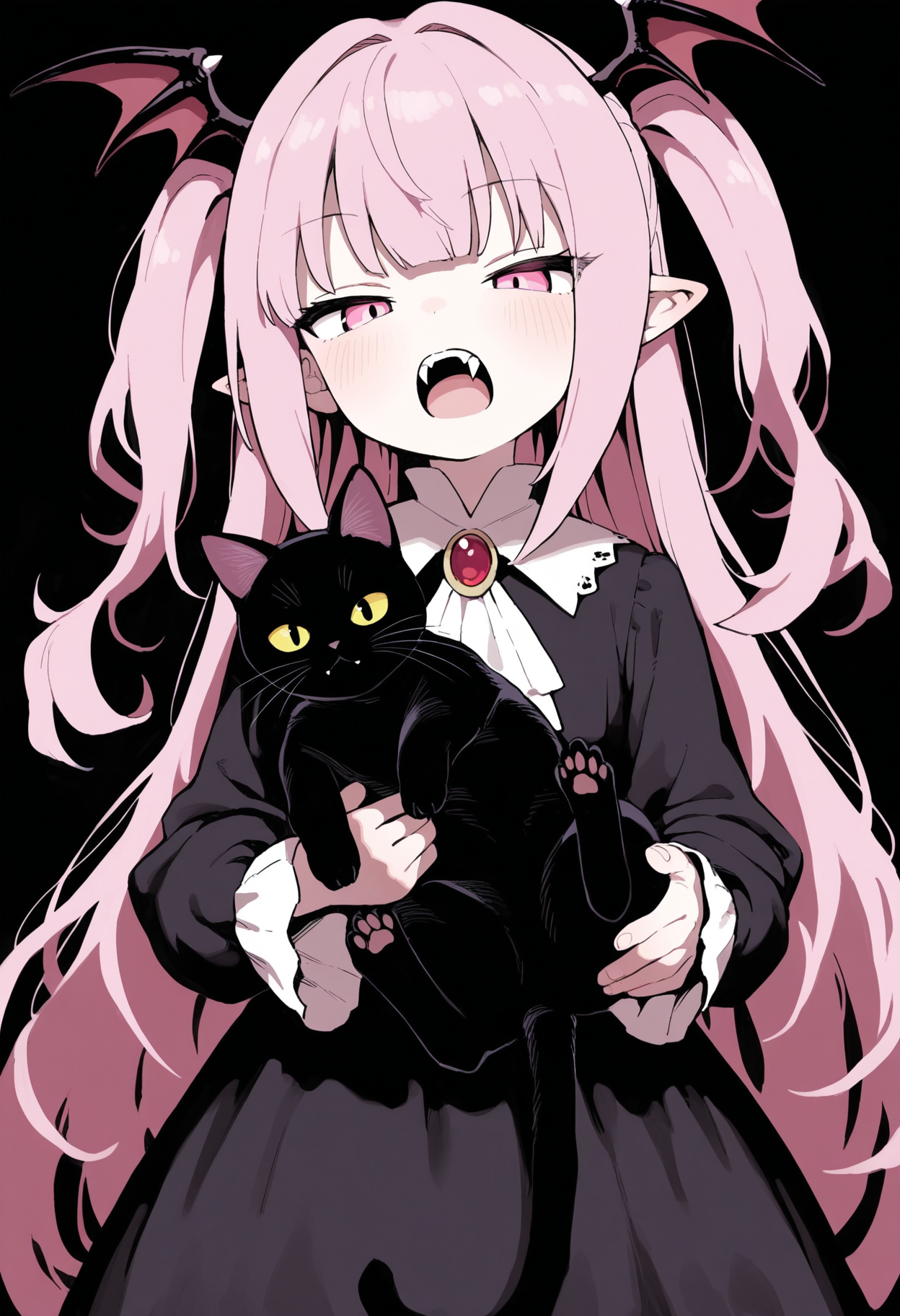 masterpiece,best quality,amazing quality,
1girl, fangs, long hair, dress, pink hair, open mouth, black dress, holding, animal, looking at viewer, pink eyes, solo, pointy ears, cat, two side up, bangs, long sleeves, holding animal, very long hair, ascot, head wings, jewelry, black background, black cat, white ascot, holding cat, vampire, brooch,
<lora:Lativi_V2_epoch_10:1>