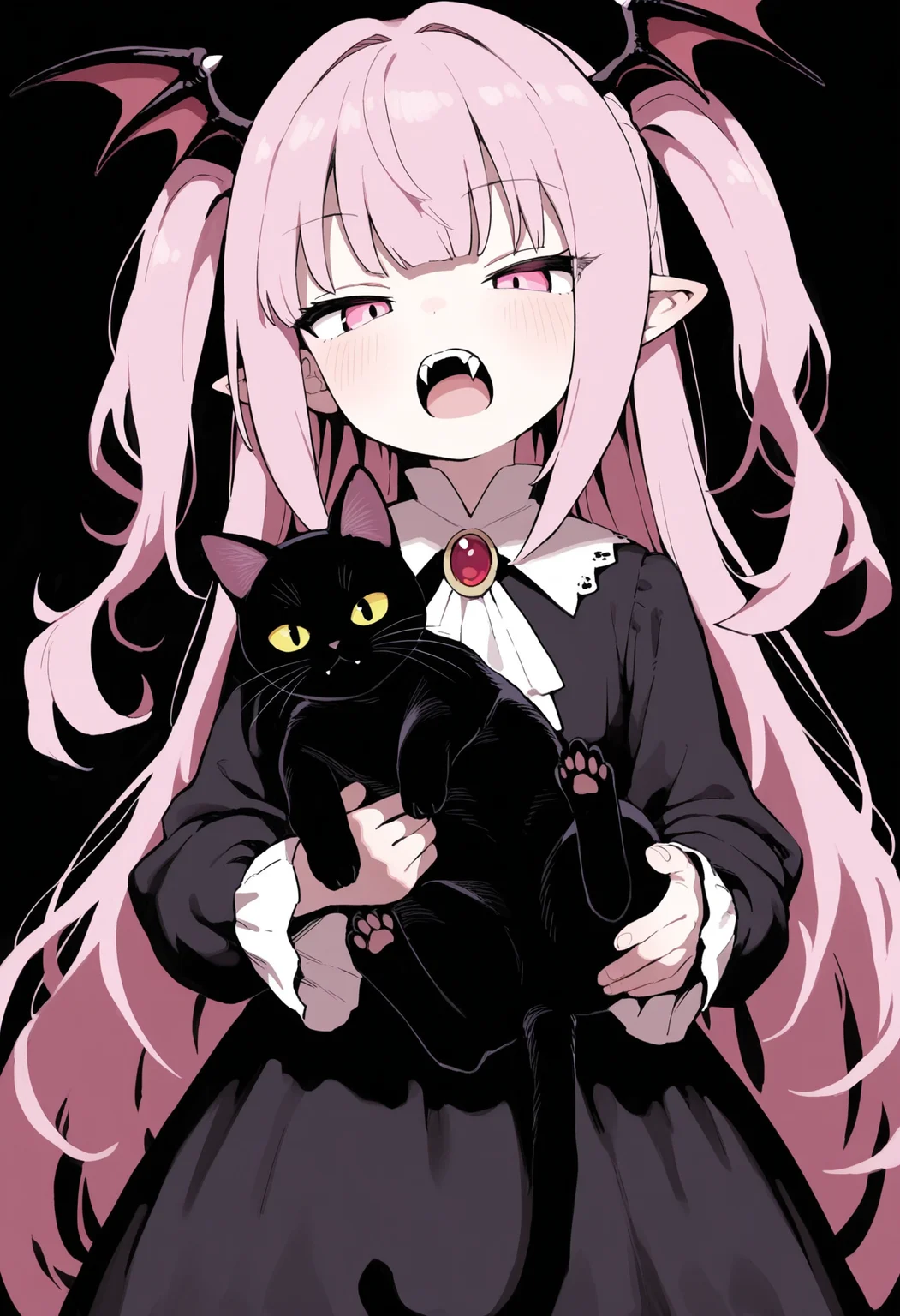 masterpiece,best quality,amazing quality,
1girl, fangs, long hair, dress, pink hair, open mouth, black dress, holding, animal, looking at viewer, pink eyes, solo, pointy ears, cat, two side up, bangs, long sleeves, holding animal, very long hair, ascot, head wings, jewelry, black background, black cat, white ascot, holding cat, vampire, brooch,
<lora:Lativi_V2_epoch_10:1>