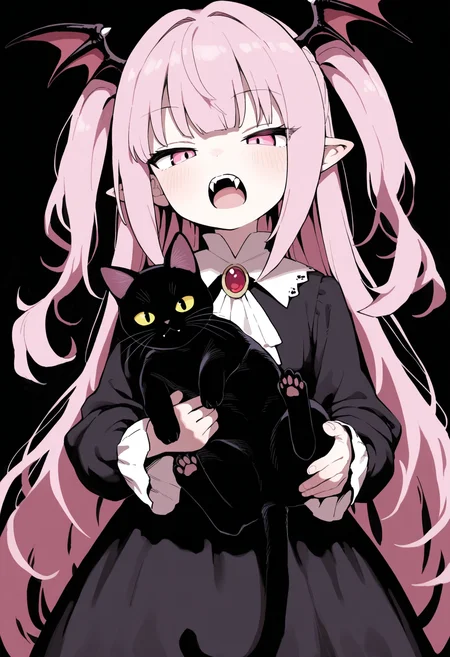 masterpiece,best quality,amazing quality,
1girl, fangs, long hair, dress, pink hair, open mouth, black dress, holding, animal, looking at viewer, pink eyes, solo, pointy ears, cat, two side up, bangs, long sleeves, holding animal, very long hair, ascot, head wings, jewelry, black background, black cat, white ascot, holding cat, vampire, brooch,
<lora:Lativi_V2_epoch_10:1>