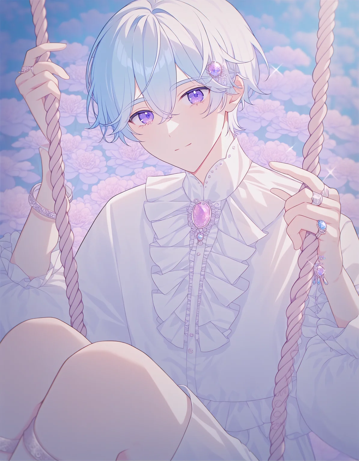 best quality, amazing quality, best aesthetic, amazing aesthetic, 2023, <lora:PastelStylePonyXL:1>, pastel style, pastel colors, 1boy, long eyelashes, detailed background, purple eyes, hand towards viewer, frilly suit, intricate clothing, 5 fingers, brooch, ring, bracelet, anklet, hair accessory, sitting, hair, short hair, sidelocks, light blue hair, swing set