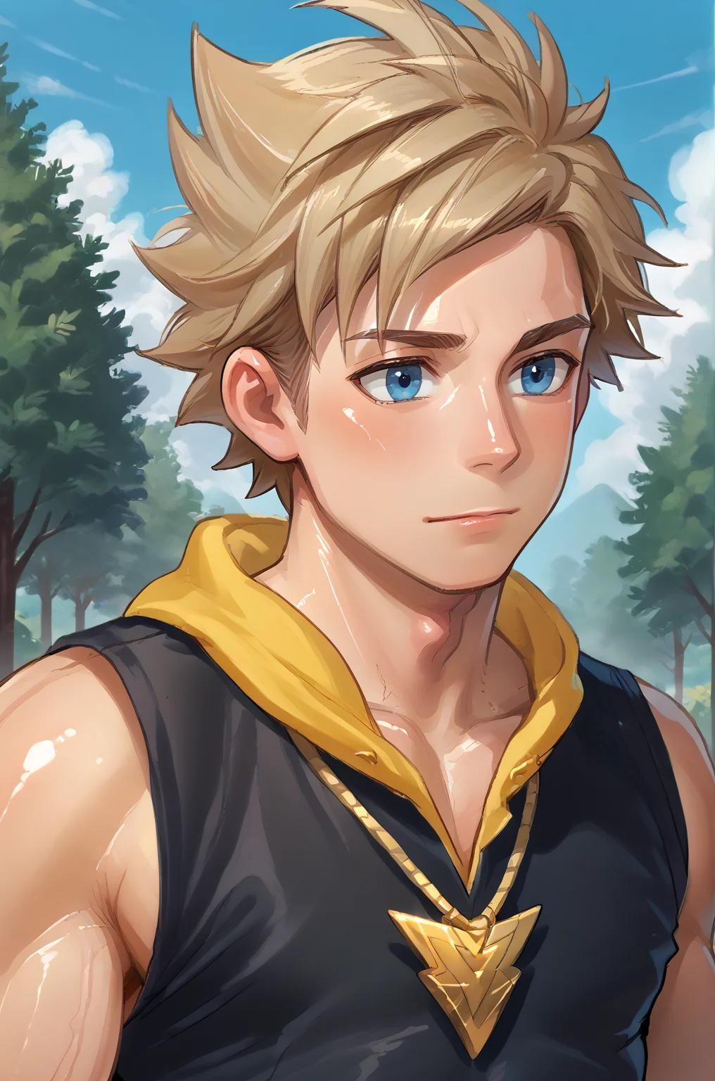 1boy, solo, outdoors,
<lora:Spark_ã¹ãã¼ã¯_-_Pokemon_ãã±ã¢ã³_-_Pony:1> spark_pokemon, blonde hair, blue eyes, necklace, wristband, , score_9, score_8_up, score_7_up, source anime, (shiny skin:1.20),