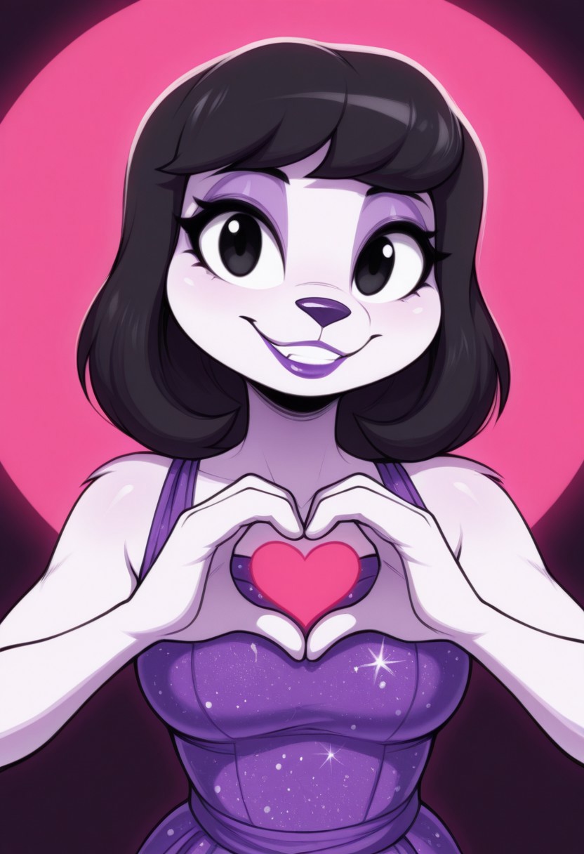 1girl, solo, medium build, medium hair, sfw, safe for work, covered skin, flowy dress,  black eyes, purple lipgloss, smiling, portrait, upper body, heart hands, foreshortening, detailed, newest,wildblur, furry female, furry, anthro,