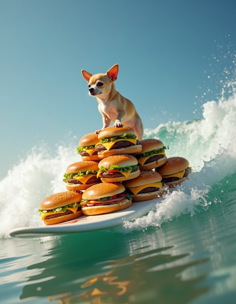 photo realistic chihuahua on a surfboard riding a wave, large pile of mcdonalds cheeseburgers are visible on the surfboard, chihuahua is balancing on top of the cheeseburgers, some cheeseburgers have fallen off and can be seen floating  in the water behind