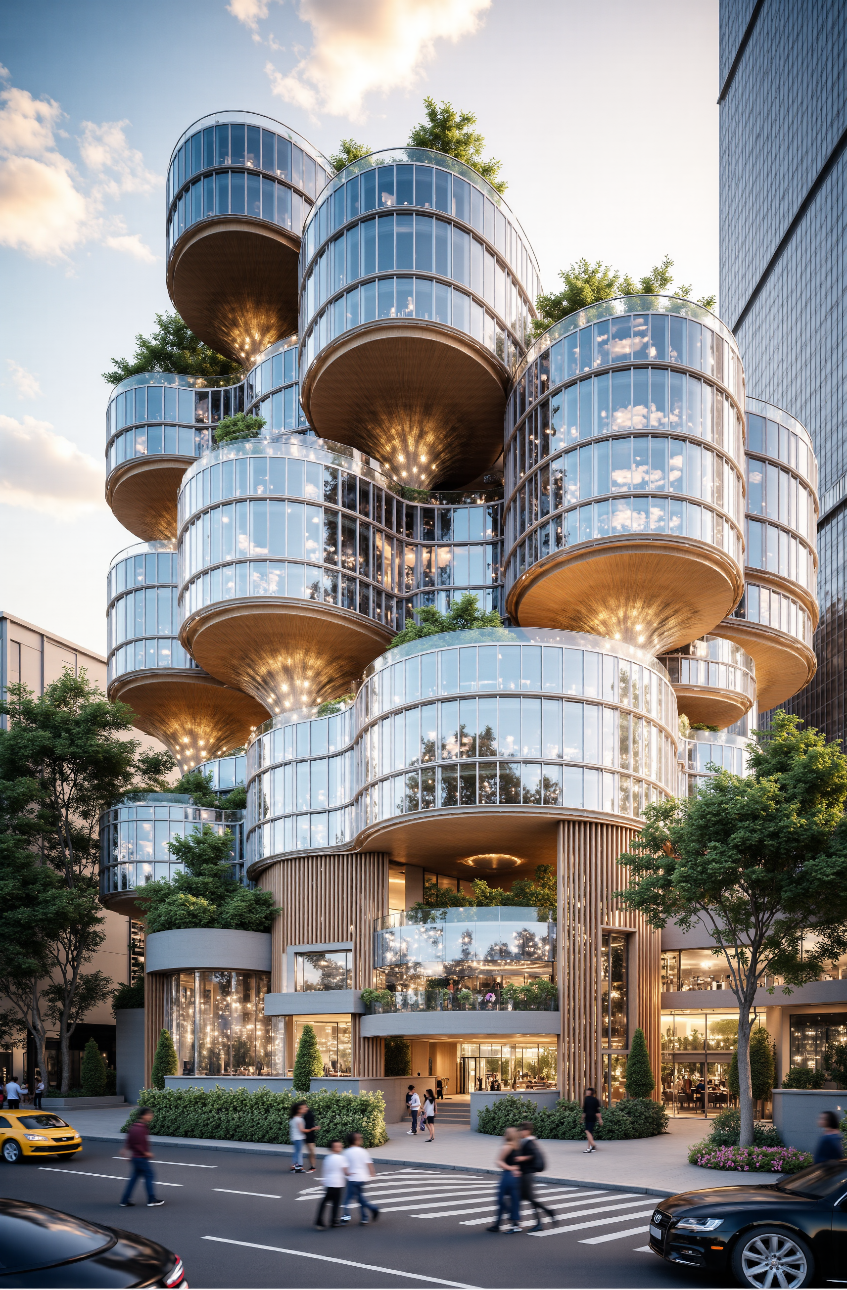 The image is a digital rendering of a modern building with a unique architectural design. The building is made up of multiple levels, each with multiple levels of glass windows that are arranged in a circular pattern. The windows are of different sizes and shapes, creating a sense of depth and dimension. The buildings are surrounded by trees and greenery, and there are a few people walking on the sidewalk in front of the building. The sky is visible in the background, with a few clouds scattered across it. The image is taken from a low angle, looking up at the building from a distance. The overall mood of the image is peaceful and serene.