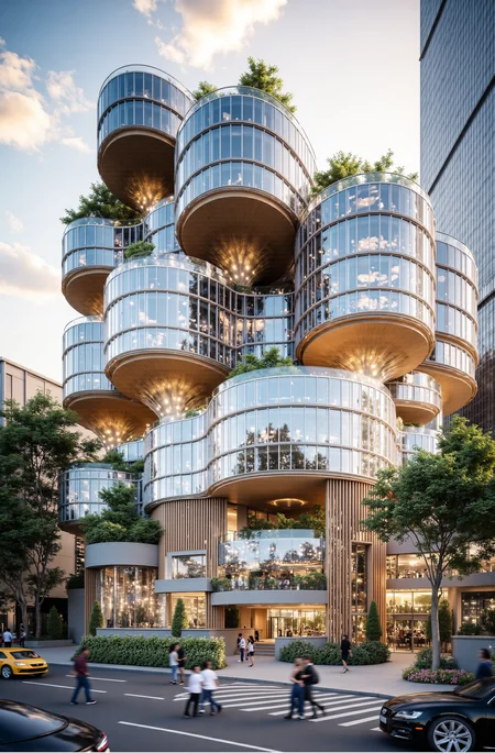 The image is a digital rendering of a modern building with a unique architectural design. The building is made up of multiple levels, each with multiple levels of glass windows that are arranged in a circular pattern. The windows are of different sizes and shapes, creating a sense of depth and dimension. The buildings are surrounded by trees and greenery, and there are a few people walking on the sidewalk in front of the building. The sky is visible in the background, with a few clouds scattered across it. The image is taken from a low angle, looking up at the building from a distance. The overall mood of the image is peaceful and serene.