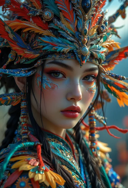 a female warrior. The ghost of a great samurai behind him. unrealistic.. strange world, colorful, psychedelic,
best quality, sharp focus, high contrast, stylized, dark, clear, surreal, ultra quality, 8k, best quality, vivid color, masterpiece, max details, midjourneyv6.1, from below, from the front, ballerina dance, mythp0rt, aidmaMJ6.1, Midjourney_Whisper, Her hair is styled in an intricate and unique fashion, adding to her ethereal and timeless aura, A hyper-realistic portrait of a stunning supermodel, featuring a beautifully detailed face with captivating eyes and a serene expression, detailed