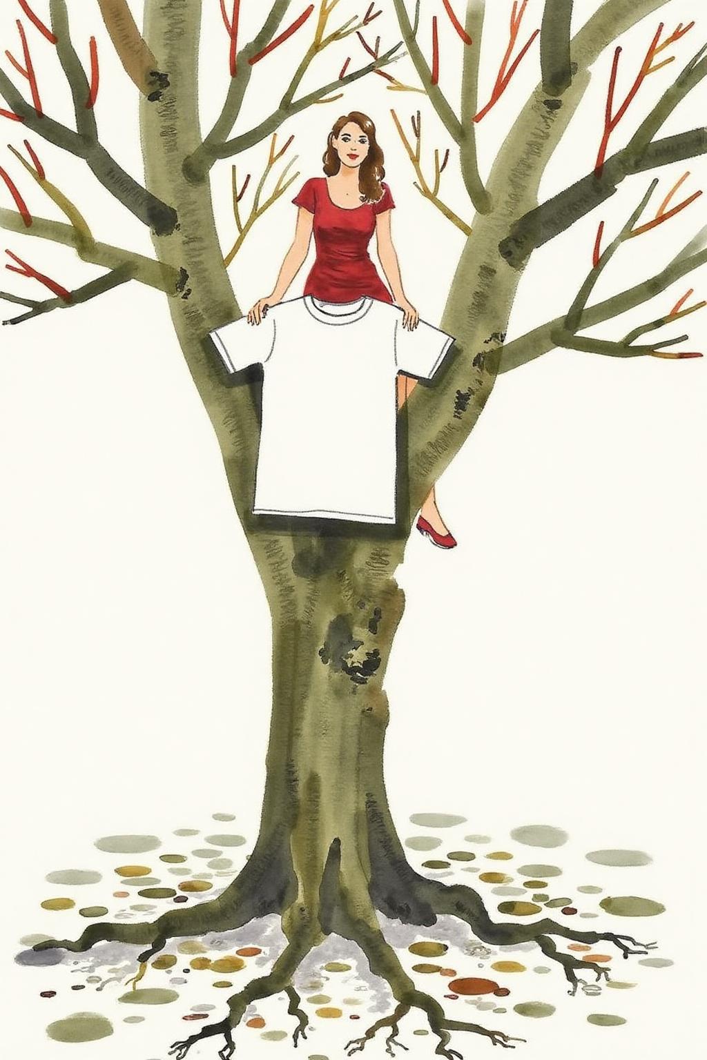 watercolor illustration of a a 90 years old tree photo captured in a low angle close up. A woman on top of the tree is 26 years old. The woman is dressed in a red dress. The tree have a white t-shirt laying on top of its branches <lora:minink1_cap_d6a3e12:1.0><lora:825123575020259362:0>