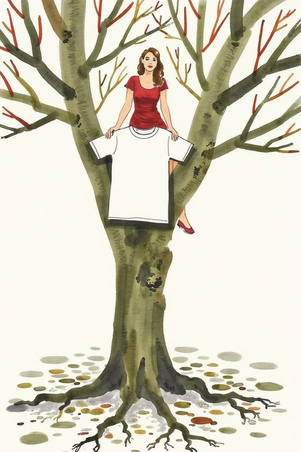 watercolor illustration of a a 90 years old tree photo captured in a low angle close up. A woman on top of the tree is 26 years old. The woman is dressed in a red dress. The tree have a white t-shirt laying on top of its branches <lora:minink1_cap_d6a3e12:1.0><lora:825123575020259362:0>