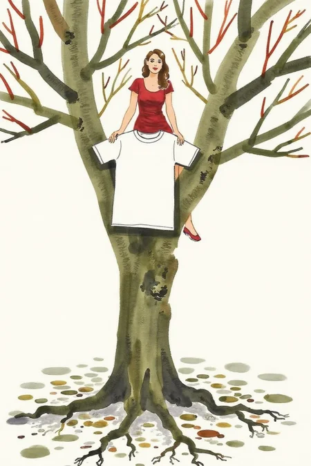 watercolor illustration of a a 90 years old tree photo captured in a low angle close up. A woman on top of the tree is 26 years old. The woman is dressed in a red dress. The tree have a white t-shirt laying on top of its branches <lora:minink1_cap_d6a3e12:1.0><lora:825123575020259362:0>