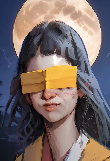 score_9, score_8_up, score_7_up, score_6_up, score_5_up, <lora:disco_elysium_v1_pruned:1>, highly detailed, 
washed out colors, anime style, painting, painting_\(medium\), painterly, faux traditional media, portrait, artistic, unclear outlines, fog, (de-thoughts:1.1), 
<lora:kaguya.pony:1>, facing viewer, head tilted forward,
1girl, kaguya, thin face, beautiful woman, solo, hime cut, hair covering eyes, black hair, long sleeves, wide sleeves, 
dress, sleeves covering mouth,
smirk, giggling, laughing, arrogant expression, 
background: night, moon, (pagoda:1.1), night sky, (moon:1.2), detailed moon, crater, bunny shape on moon,