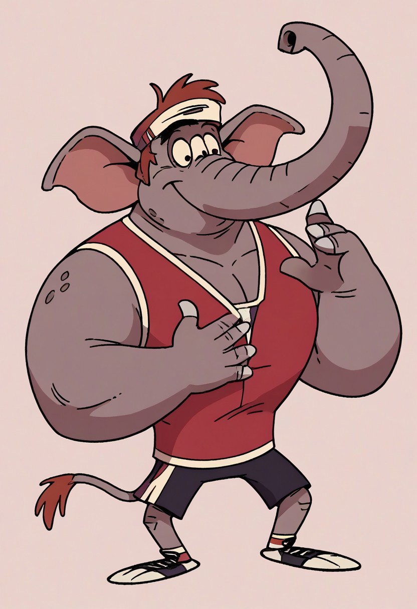 (score_9 | score_8_up | score_7_up)
((masterpiece:1))(best quality,very high quality,ultra detailed:1.2)
(2D,cartoon style,anime style)(Smooth:2)(clean blurring)
(four fingers on each hand,one thumb on each hand:1), Abu elephant, solo, brown hair, grey skin, black eyes, trunk, trunk nose, elephant trunk, elephant ears, monkey tail, purple vest, red and purple hat, alien, muscular, +++three eyes, extra eye, grey skin color, full body