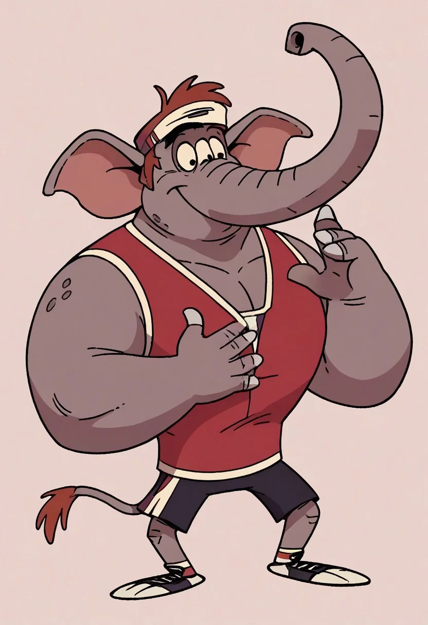 (score_9 | score_8_up | score_7_up)
((masterpiece:1))(best quality,very high quality,ultra detailed:1.2)
(2D,cartoon style,anime style)(Smooth:2)(clean blurring)
(four fingers on each hand,one thumb on each hand:1), Abu elephant, solo, brown hair, grey skin, black eyes, trunk, trunk nose, elephant trunk, elephant ears, monkey tail, purple vest, red and purple hat, alien, muscular, +++three eyes, extra eye, grey skin color, full body