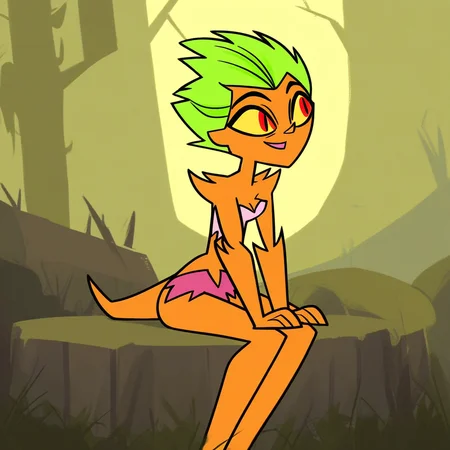 score_9, solo, dakota_mf, green hair, short hair, colored sclera, red eyes, tail, sitting, cute, outdoors, natural lighting