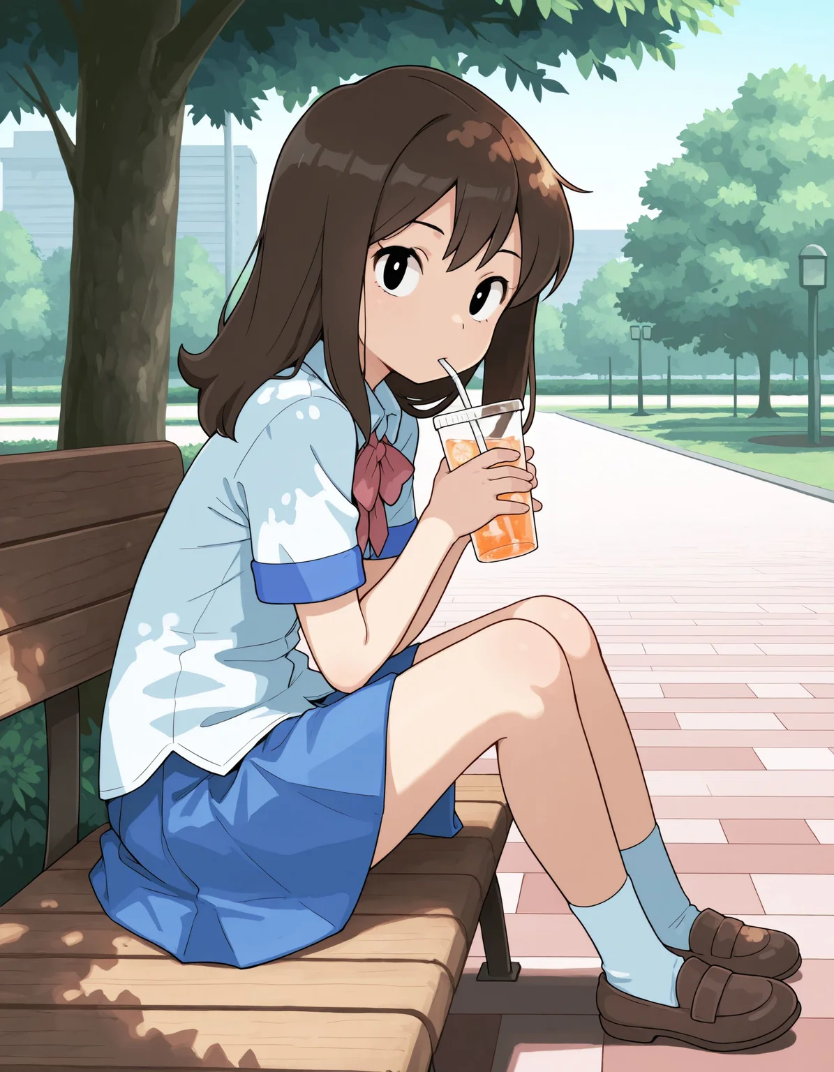 1girl,<lora:lass pokemonRGBY_illustriousXL:0.8>,lass rgby,brown hair,black eyes,bowtie,white shirt,blue skirt,socks,brown shoes,full body,expressionless,drinking,drinking straw,sitting,holding,park,looking at viewer,from side,masterpiece,best quality,amazing quality,