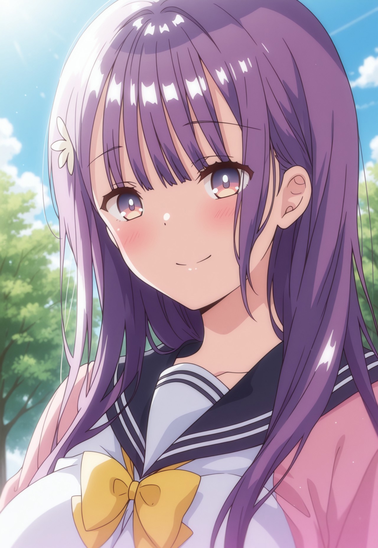 (((1girl,solo))),(masterpiece, amazing quality, best quality),very aesthetic, illustration, perfect composition, intricate details, absurdres, incredibly absurdres,(((SuzukaKai,Purple Hair,Long Hair,Bangs,Purple Eyes,Gradient Eyes,Hair Ornament,Huge Breasts,School Uniform,Pink Serafuku,Yellow Bowtie,upper body, close-up, face focus, perfect face, detailed eyes,Original Style))),blush,smile,looking at viewer,outdoors,sky,trees
