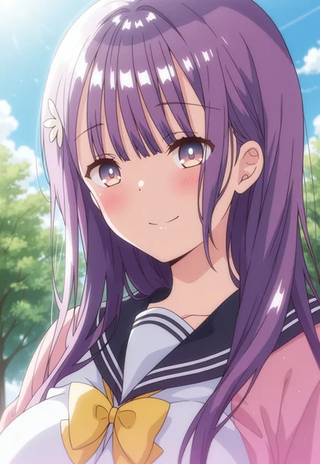 (((1girl,solo))),(masterpiece, amazing quality, best quality),very aesthetic, illustration, perfect composition, intricate details, absurdres, incredibly absurdres,(((SuzukaKai,Purple Hair,Long Hair,Bangs,Purple Eyes,Gradient Eyes,Hair Ornament,Huge Breasts,School Uniform,Pink Serafuku,Yellow Bowtie,upper body, close-up, face focus, perfect face, detailed eyes,Original Style))),blush,smile,looking at viewer,outdoors,sky,trees