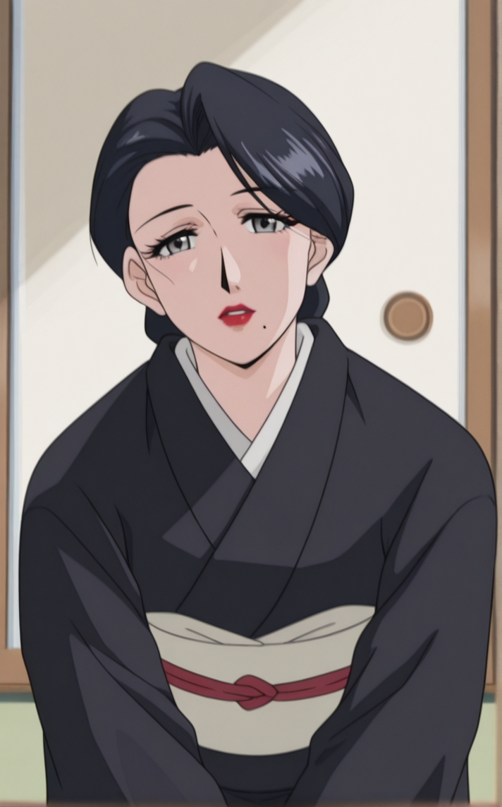 masterpiece, best quality, insaneres, absurdres,all four, full body, looking at viewer, indoors, bokeh, negative space, <lora:ILLUSTXL_MistreatedBride_SumieTakayanagi_ownwaifu:1>, BREAK BlackKimono_SumieTakayanagi_ownwaifu, 1girl, black hair, black kimono, breasts, grey eyes, japanese clothes, lipstick, makeup, mature female, mole under mouth, red lips, short hair, single hair bun, eyelashes, sash, hair up, large breasts, lips, long sleeves, obi,