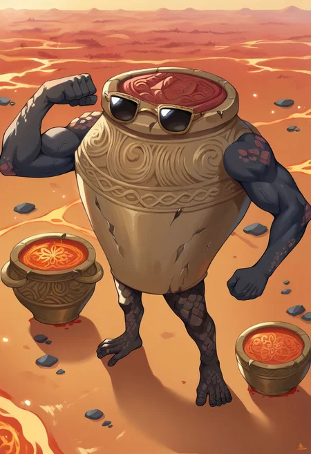 score_9, score_8_up, score_7_up, RythIFAlexanderPony, Alexander \(Elden Ring\), pot guy, wide body, looking at viewer, high field of view, standing in the lava, flexing, muscular, sunglasses<lora:ifalexander:1>,