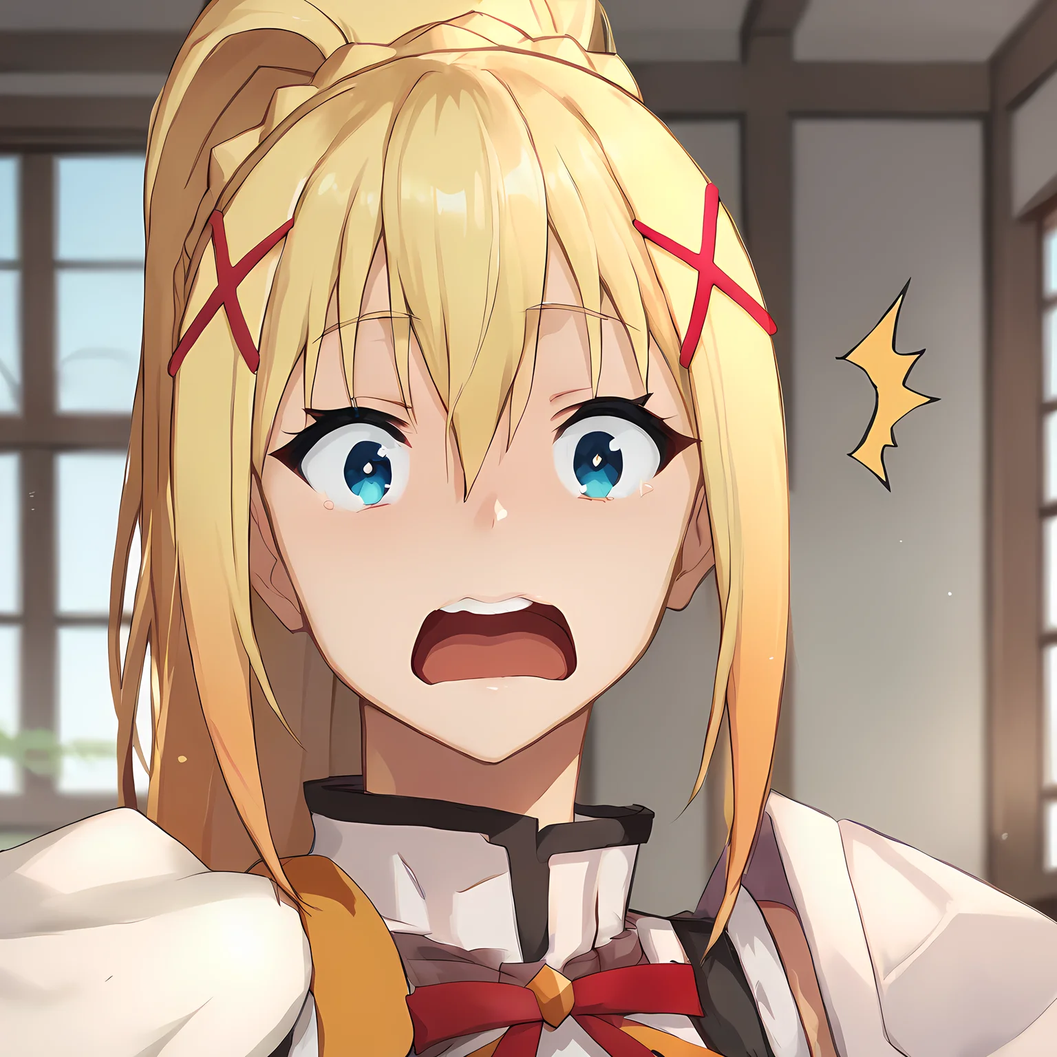 <lora:darkness:1> score_6, score_5_up, score_7_up, 1girl, solo, long hair, looking at viewer, open mouth, blue eyes, blonde hair, hair ornament, ribbon, hair between eyes, ponytail, braid, indoors, :o, window, x hair ornament, surprised, meme, wide-eyed, darkness (konosuba)