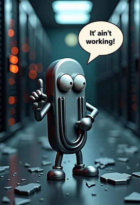 cl1ppy, (Clippy, a paperclip with googly eyes), desktop (computing), icon, middle finger
A metal paperclip with googly eyes, (speech bubble "it' ain't working, okay?!"),
server background, chaos, broken glass