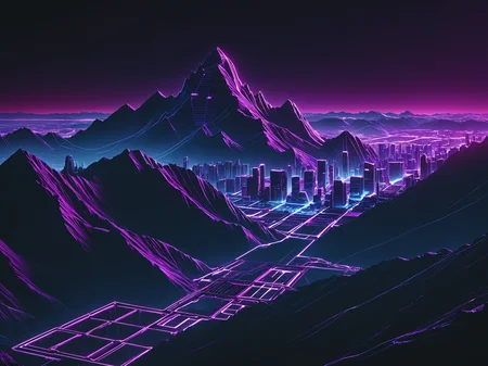 mad-cyberspace, mountain, purple glowing outlines, grid, cyberpunk, 1980s, retro, scifi, cityscape<lora:Neon_Cyberpunk_Cyberspace_SDXL_v2:0.8>, raw photo, film grain, (photorealistic, realistic:1.2), deep shadow,  8k, uhd, dslr, ultra high res