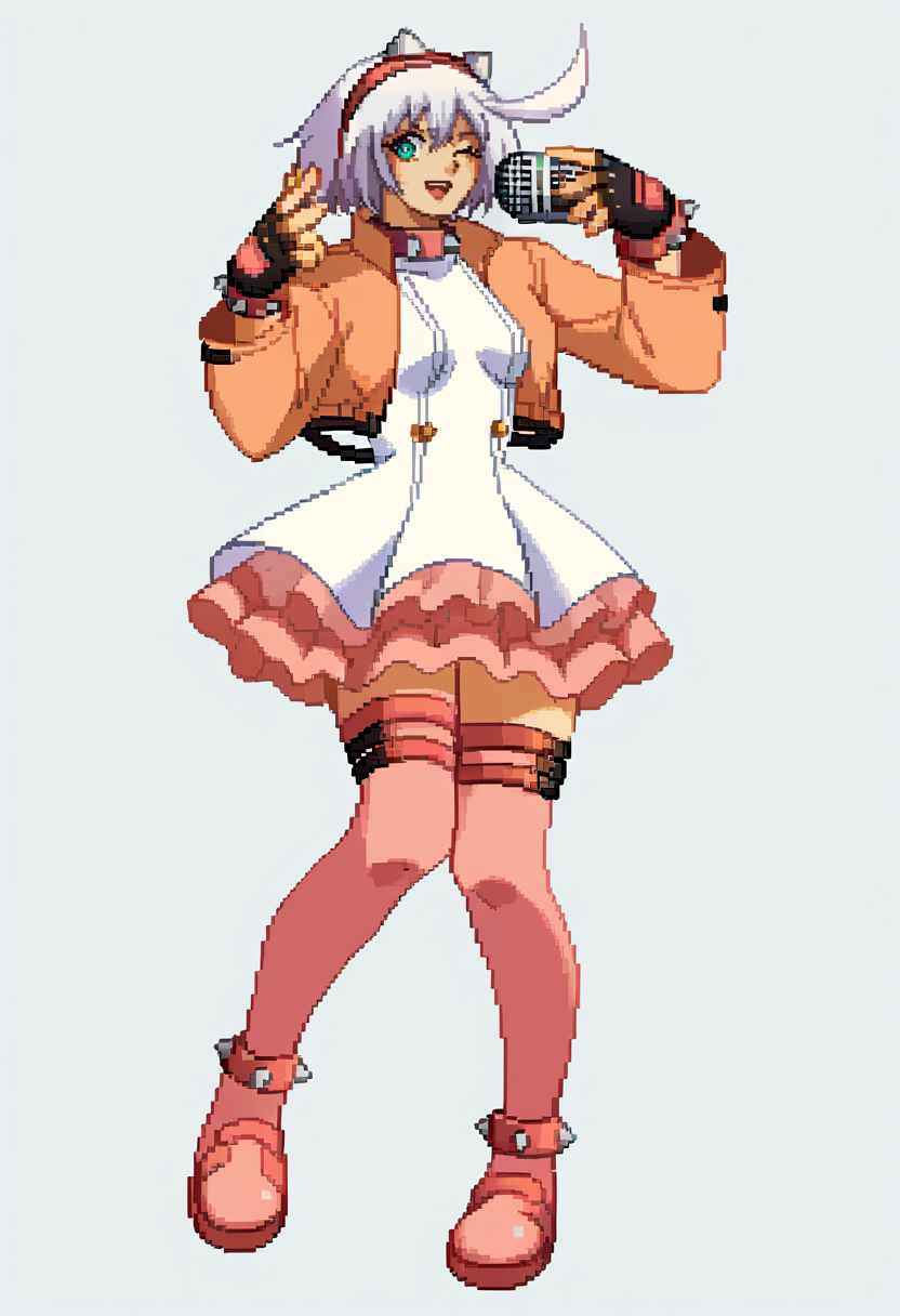 score_9, score_8_up, score_7_up, source_anime, BREAK, solo, 1girl, looking at viewer, <lora:Guilty-Gear-SpritesV2-pdxl_Fp:1>, simple background, pixel art, full body, standing, <lora:guiltygear_strive_elphelt_ponyXL:1>, striveelphelt, ahoge, hairband, jacket, dress, fingerless gloves, pink thighhighs, spiked collar, spiked bracelet, microphone, one eye closed, holding microphone,