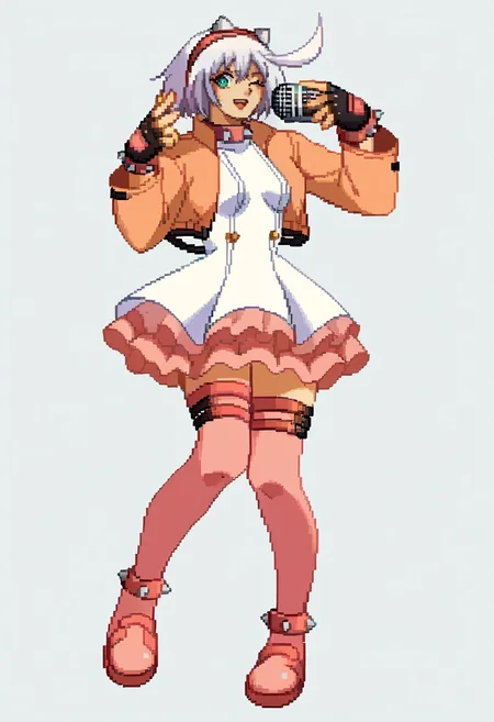 score_9, score_8_up, score_7_up, source_anime, BREAK, solo, 1girl, looking at viewer, <lora:Guilty-Gear-SpritesV2-pdxl_Fp:1>, simple background, pixel art, full body, standing, <lora:guiltygear_strive_elphelt_ponyXL:1>, striveelphelt, ahoge, hairband, jacket, dress, fingerless gloves, pink thighhighs, spiked collar, spiked bracelet, microphone, one eye closed, holding microphone,