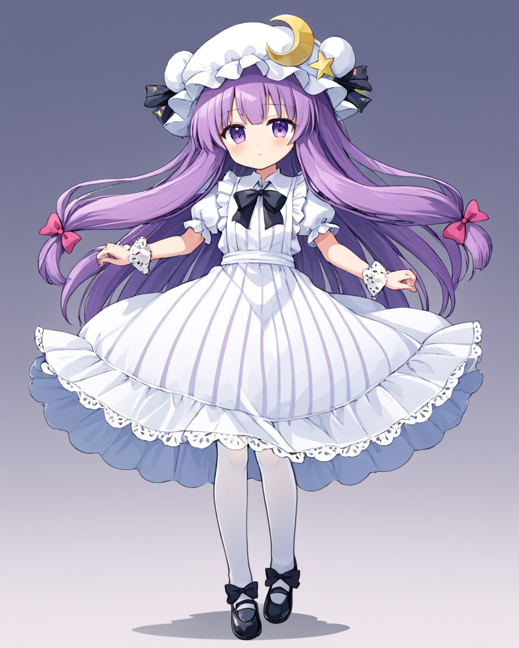 patchouli knowledge,1girl, solo, wrist_cuffs, full_body, black_bow, hair_bow, crescent_hat_ornament, black_footwear, hat_bow, shoes, mob_cap, white_pantyhose, looking_at_viewer, polka_dot_bow, closed_mouth, white_dress, doily, white_apron, short_sleeves, simple_background, white_headwear, striped, :<, heart, frilled_dress, blush
<lora:patchouli_knowledge_image4909_2023-12-20-000009:1>,star-shaped_pupils,symbol-shaped_pupils,. gorgeous,key visual, vibrant, studio anime,award-winning, professional, highly detailed,high budget, cinemascope