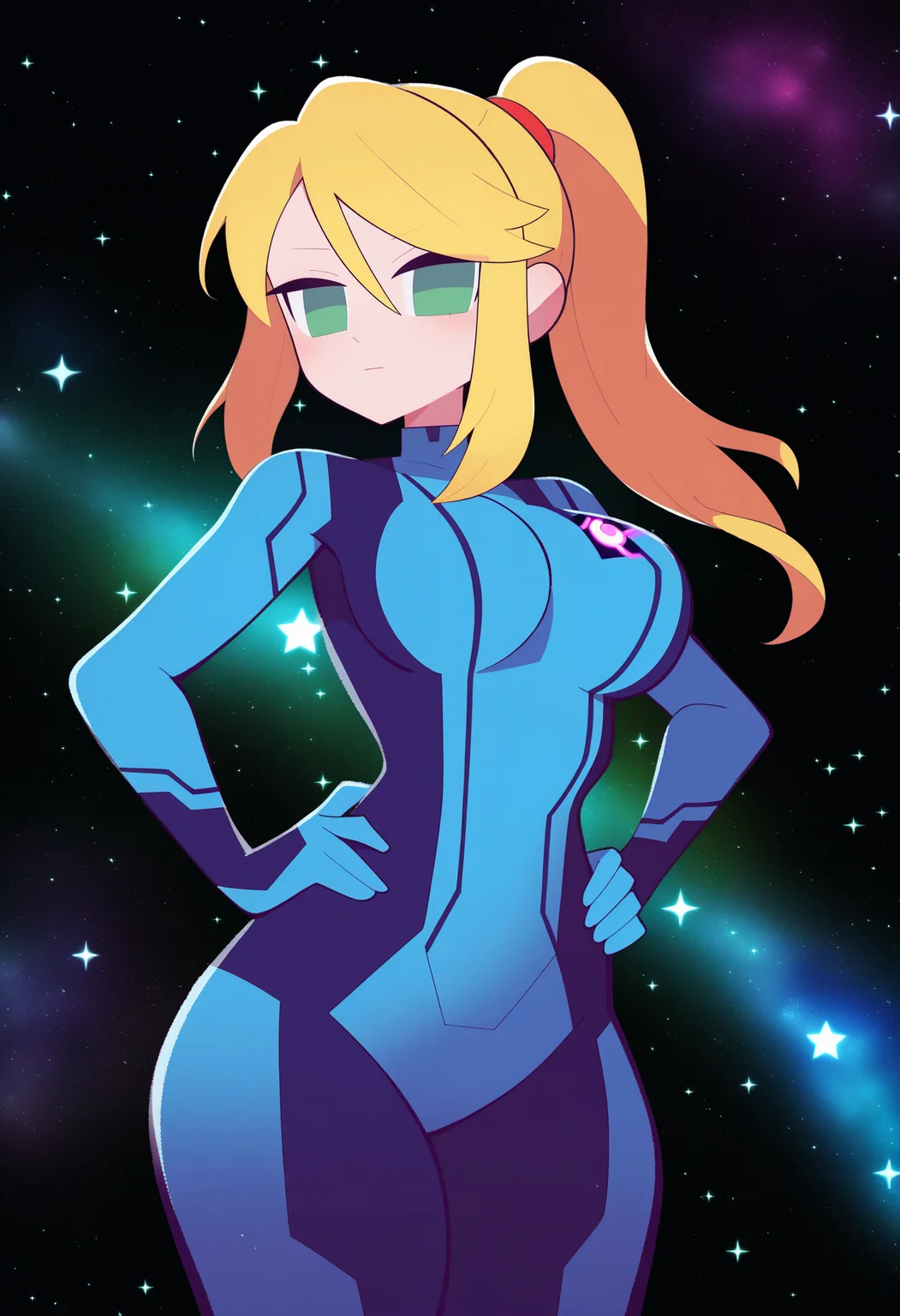 best quality, amazing quality, very aesthetic, absurdres,
BREAK
(black background, galaxy background, starry background:1.8)
1girl, samus aran, green eyes, blonde hair, medium hair, ponytail, sidelocks,
blue bodysuit,
looking at viewer, standing, hands on hips, <lora:FlipherrNoobLocon_byKonan:1>