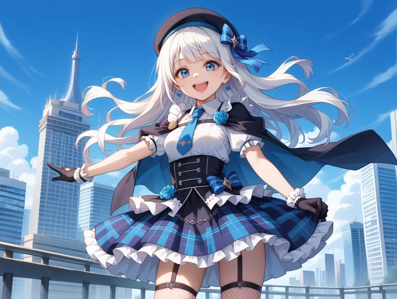 score_9, score_8_up, score_7_up,
masterpiece, best quality,
1girl, solo, gothic drress, Idol costume, blue and white theme, white blouse, white collar, tie, open short-cape, short sleeve, blue tartan-check pattern (ruffle-skirt, multilayer-skirt), white basque-beret with ribbon, Fishnet stockings, glove, happy smile, laugh, open mouth, standing, cowboy shot, cityscape in tokyo, ultra detailed background, blue sky, bay side, panorama view, medium breasts, white hair, blue eyes